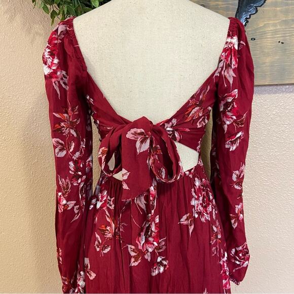 NWOT Lulus Total Perfection Burgundy Floral Print Tie-Back Midi Dress - Picture 4 of 11